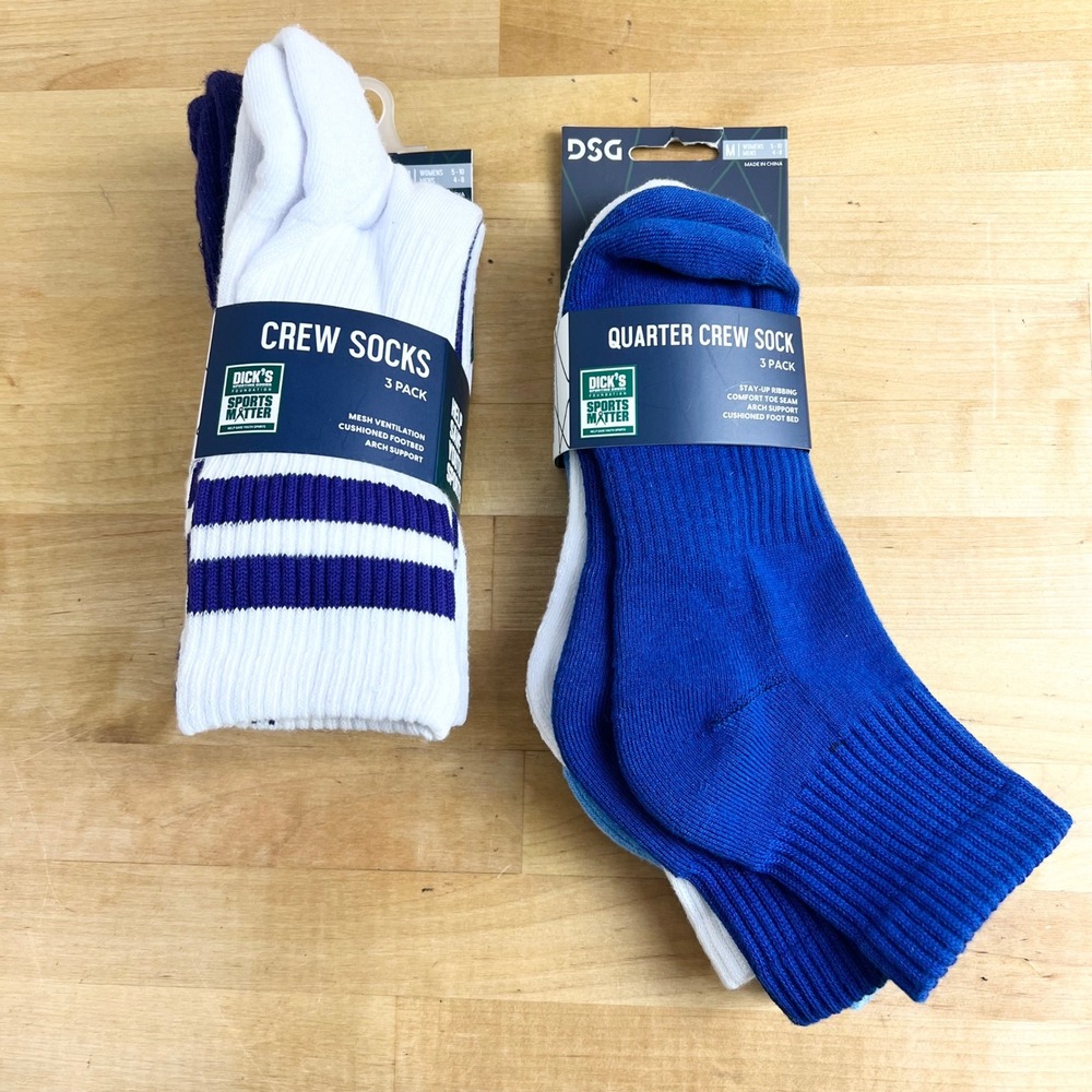 DSG Socks Crew Quarter 6 Pack Unisex Size Medium Blue White Purple Athletic New